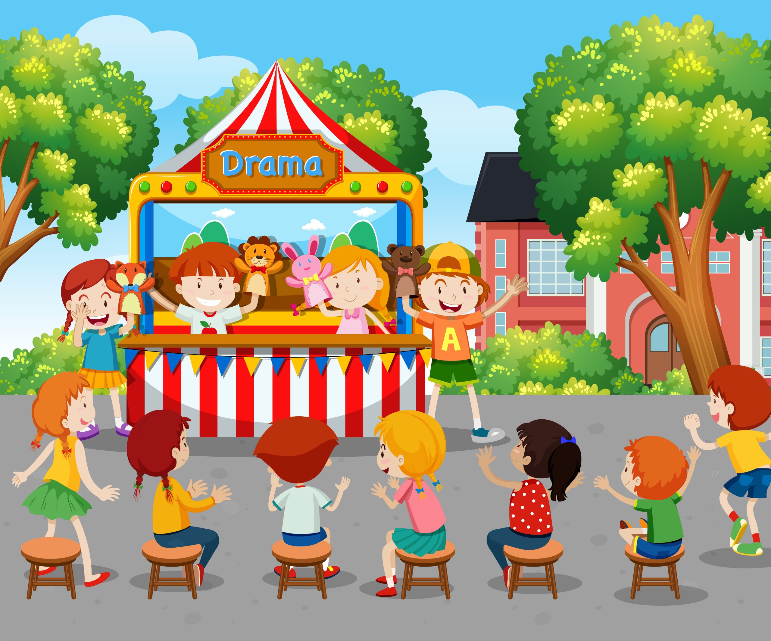 Children watching puppet show outside illustration